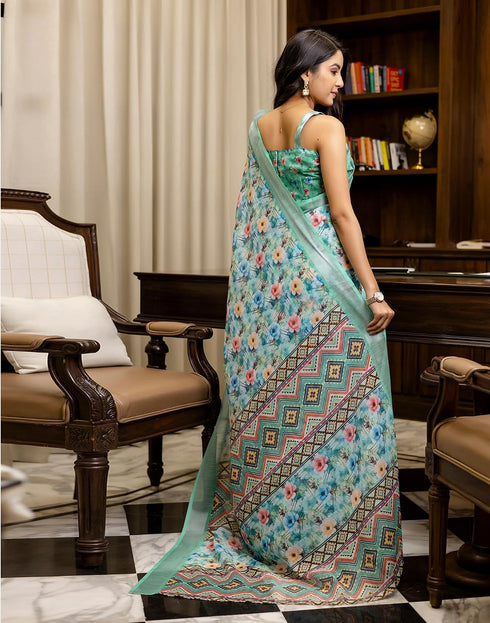 Vasthrlay Womens Printed Turquoise Saree With Unstitched Blouse Piece