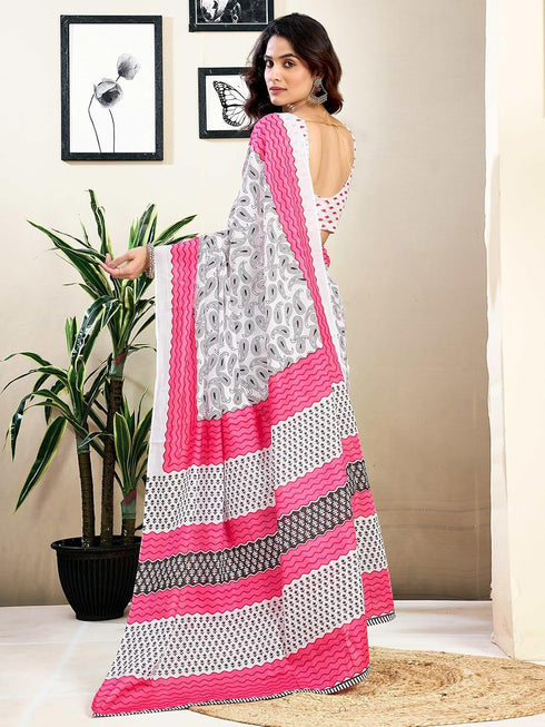 Vasthrlay Womens Printed Unstitched White Saree