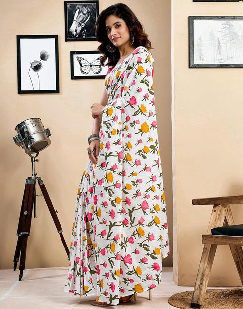Vasthrlay Womens Printed Unstitched White Saree