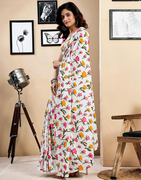 Vasthrlay Womens Printed White And Yellow Saree With Pink Unstitched Blouse Piece