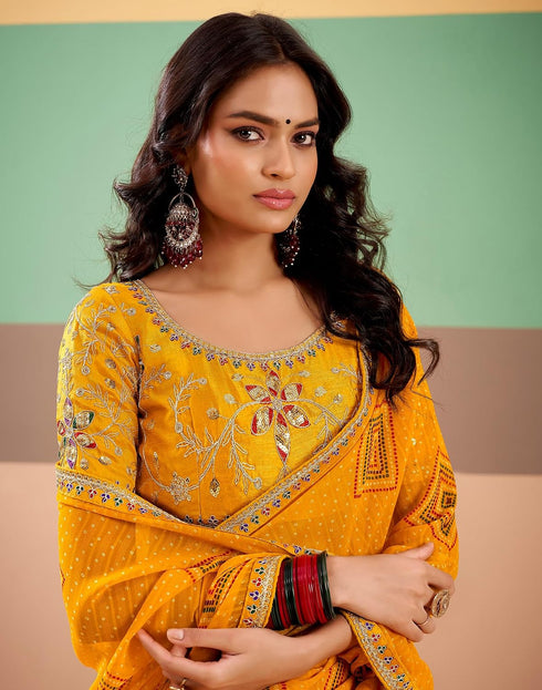 Vasthrlay Georgette Embroidery Yellow Saree With Unstitched Blouse Piece