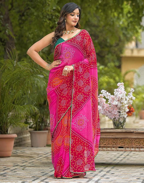 Vasthrlay Georgette Bandhani Pink Saree With Unstitched Blouse Piece