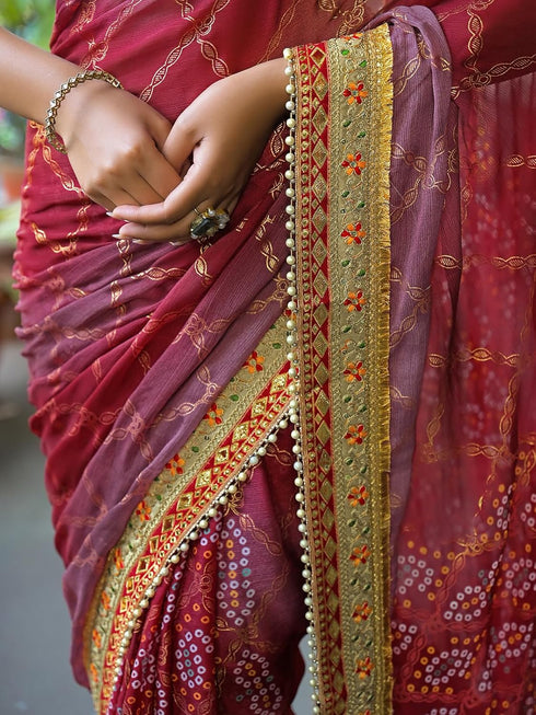 Vasthrlay Bandhani Embroidery Yellow Saree