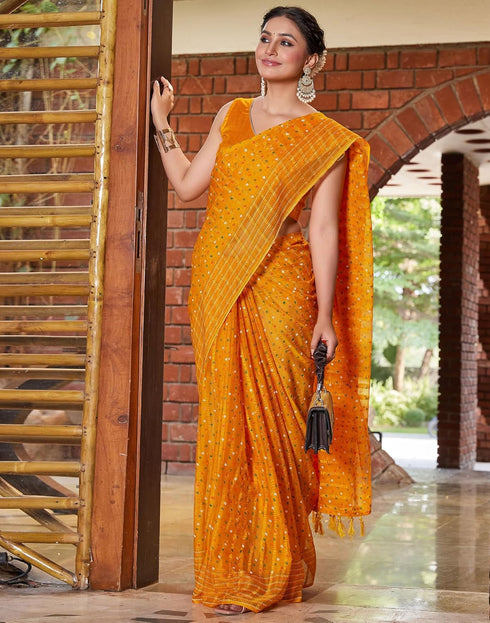 Vasthrlay Bandhani Printed Unstitched Yellow Saree