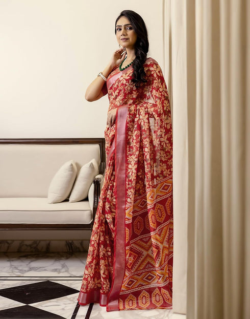 Vasthrlay Womens Printed Red Saree With Unstitched Blouse Piece