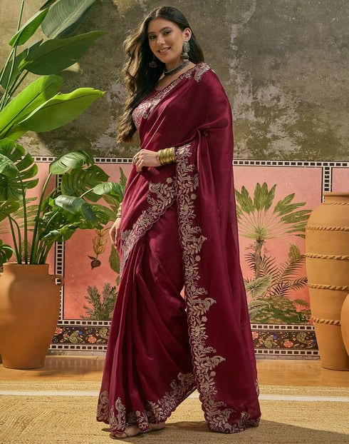 Vasthrlay Scalloped Embroidery Unstitched Maroon Saree