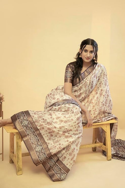 Vasthrlay Cream Terracotta Abstract Print Polyester Saree With Zari Border And Unstitched Blouse Piece