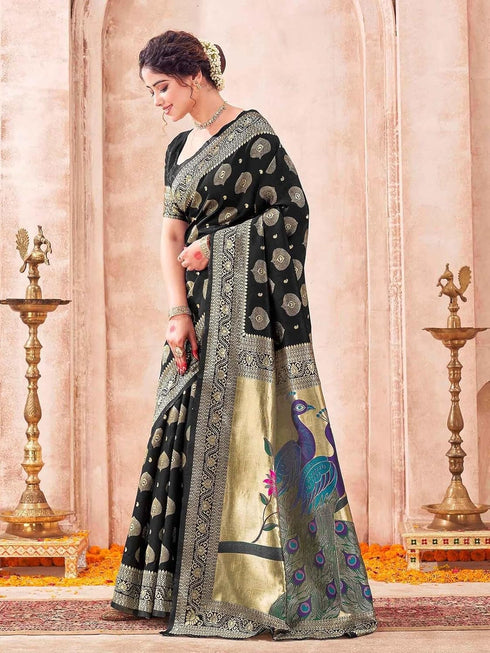 Vasthrlay Weaving Banarasi Unstitched Peacock Blue Saree