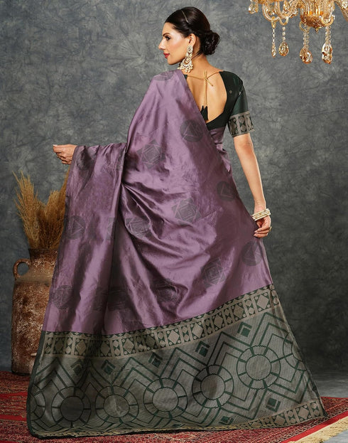 Vasthrlay Banarasi Jacquard Mauve And Green Saree With Unstitched Blouse Piece