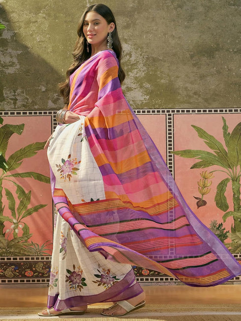 Vasthrlay Womens Printed Unstitched White Saree