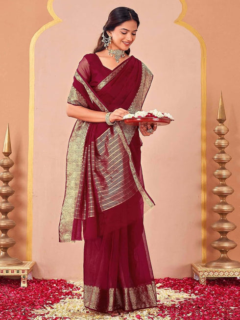 Vasthrlay Organza Jacquard Maroon Saree With Unstitched Blouse Piece