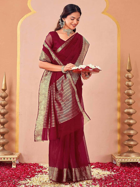 Vasthrlay Organza Jacquard Unstitched Light Green Saree