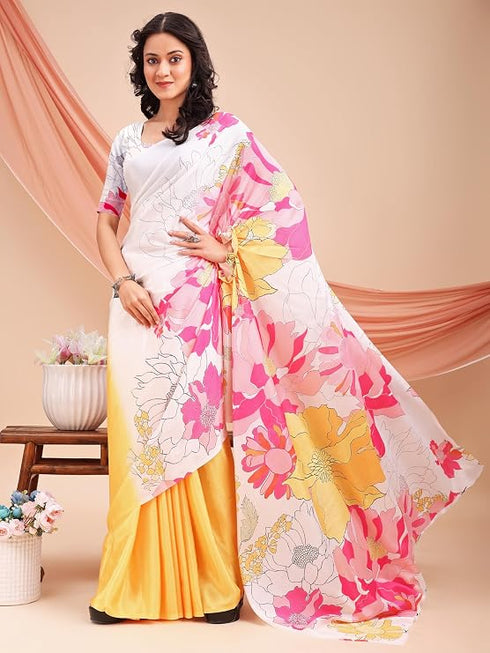 Vasthrlay Printed Kaftan Freehand Pink-Yellow-White Bollywood Satin Saree with Unsticted Blouse Piece
