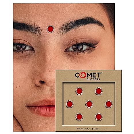 Comet Busters Red Velvet Round Bindi With Silver Stone Border