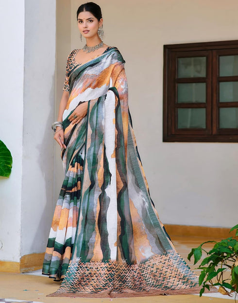 Vasthrlay Womens Printed Unstitched Beige Saree