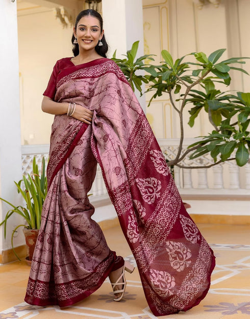 Vasthrlay Womens Printed Pink And Maroon Saree With Unstitched Blouse Piece