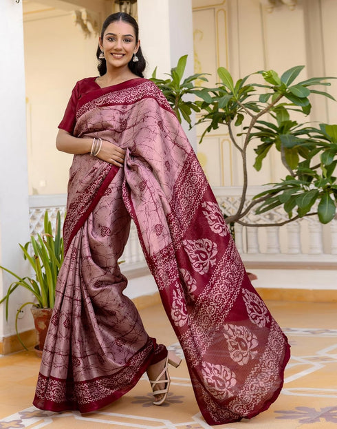Vasthrlay Womens Printed Unstitched Maroon Saree