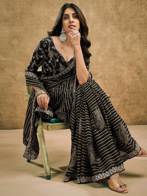 Vasthrlay Chiffon Bandhani Unstitched Black Saree