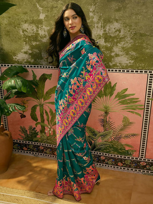 Vasthrlay Womens Weaving Teal Green Saree With Unstitched Blouse Piece