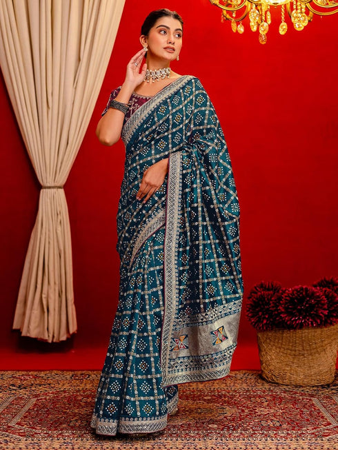 Vasthrlay Printed Bandhani Unstitched Dark Green Saree
