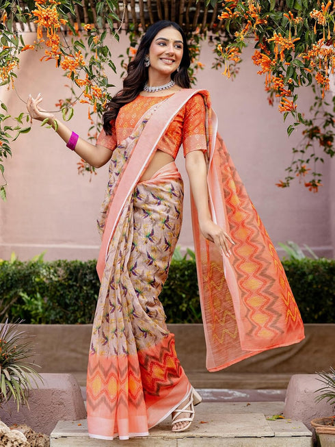 Vasthrlay Womens Printed Peach Saree With Unstitched Blouse Piece
