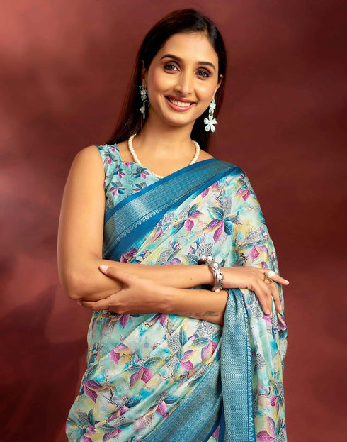 Vasthrlay Printed Jacquard Unstitched Rama Green Saree
