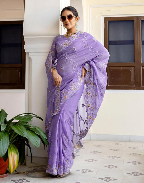 Vasthrlay Embroidery Scalloped Unstitched Maroon Saree