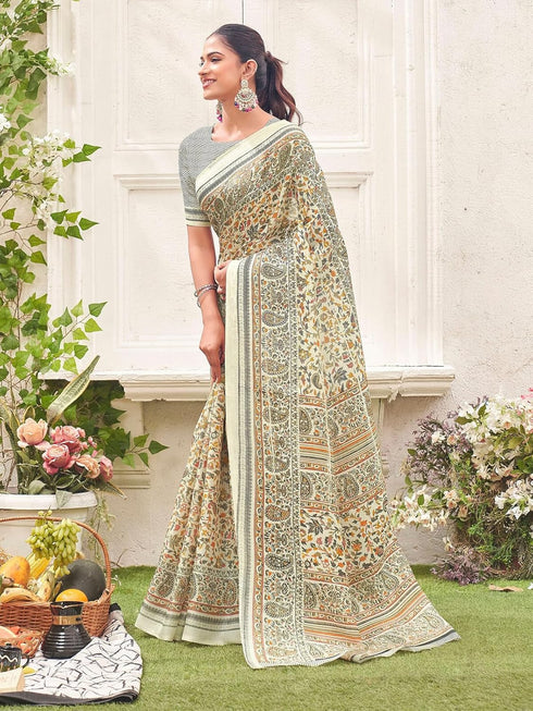 Vasthrlay Womens Abstract Unstitched Off White Saree