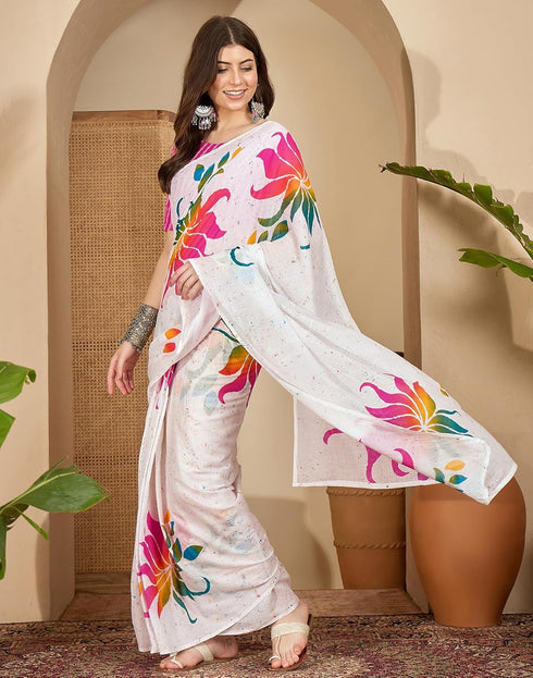 Vasthrlay Womens Printed Unstitched White Saree