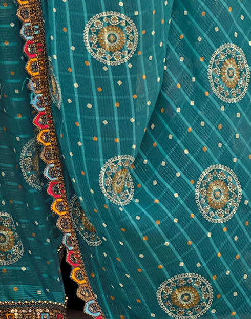 Vasthrlay Georgette Scalloped Unstitched Dark Green Saree