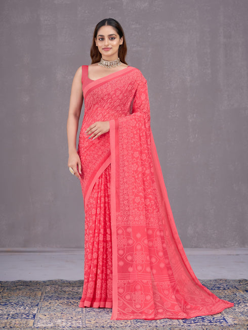 Vasthrlay Orange Chiffon Floral Saree