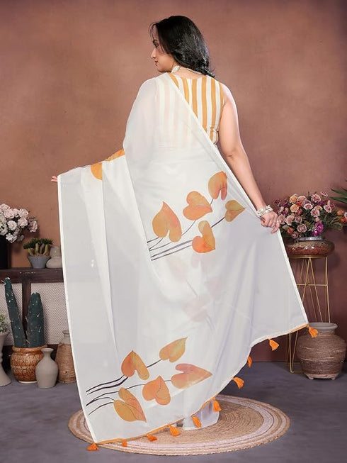 Vasthrlay Off White Leaf Print Organza Saree With Mustard Piping And Ruched Sleeveless Unstitched Blouse Piece