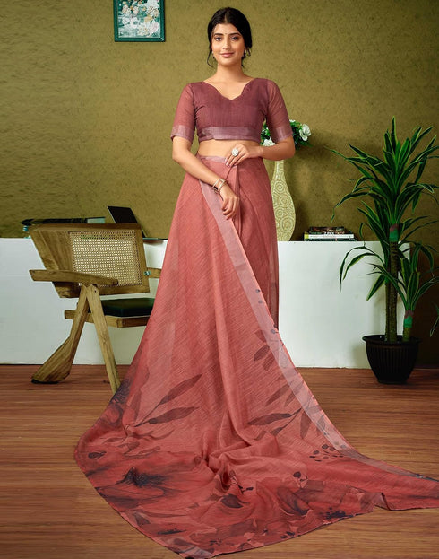 Vasthrlay Womens Cotton Printed Brown Saree With Unstitched Blouse Piece