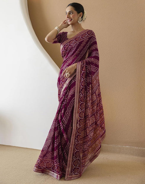 Vasthrlay Georgette Bandhani Purple Saree With Unstitched Blouse Piece
