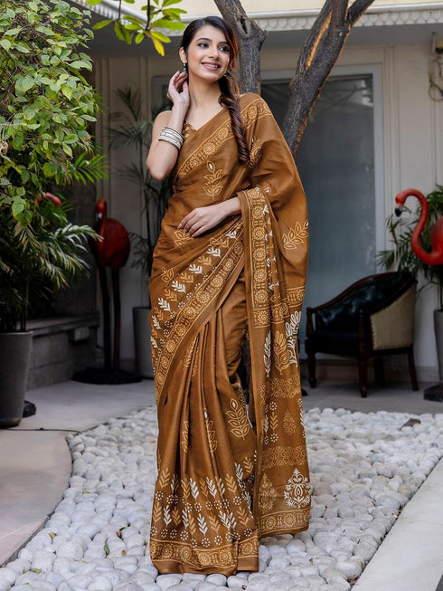 Vasthrlay Womens Printed Brown Saree With Unstitched Blouse Piece