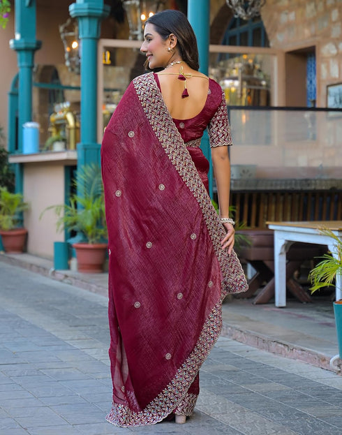 Vasthrlay Embroidery Scalloped Maroon Saree With Unstitched Blouse Piece