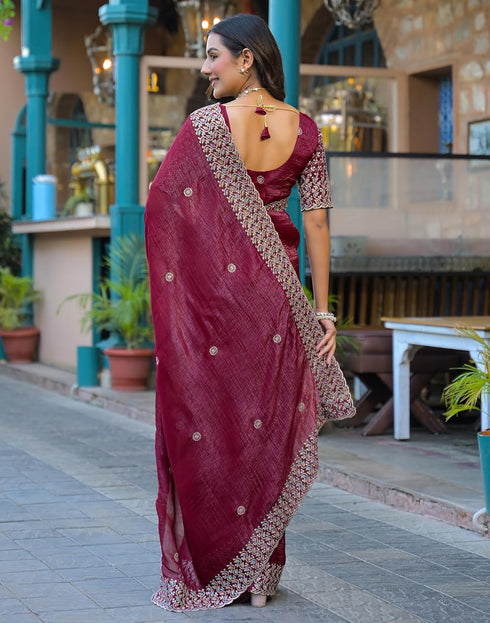 Vasthrlay Embroidery Scalloped Unstitched Maroon Saree