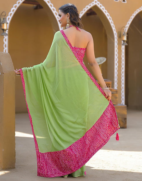 Vasthrlay Chiffon Bandhani Light Green Saree With Pink Unstitched Blouse Piece