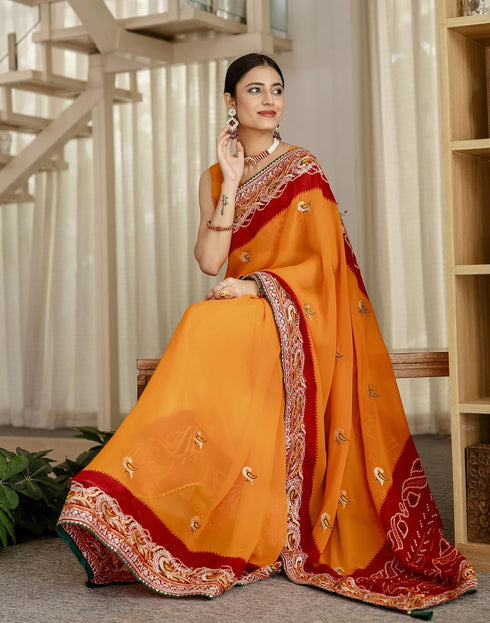 Vasthrlay Georgette Embroidery Unstitched Turmeric Yellow Saree