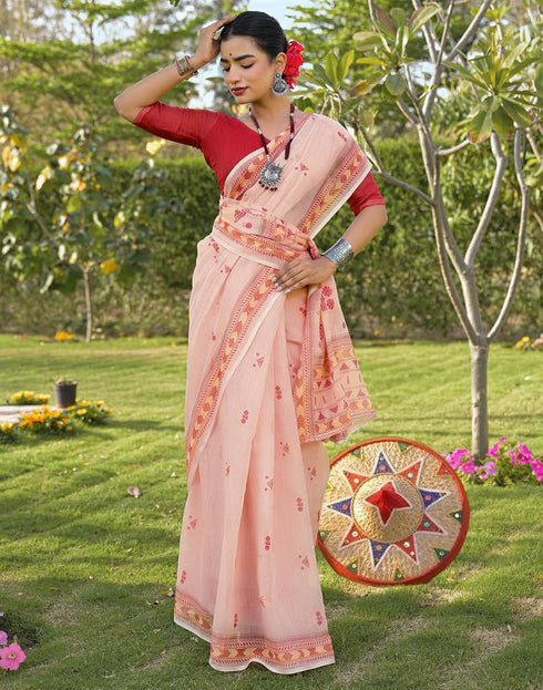 Vasthrlay Womens Printed Unstitched Peach Saree