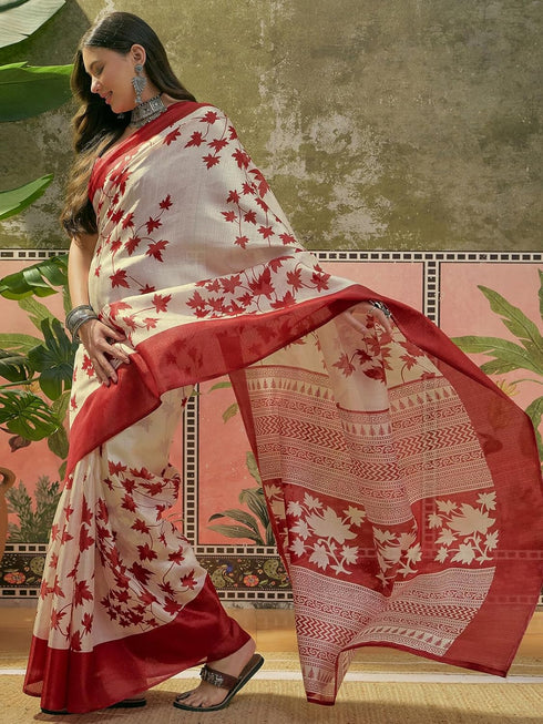 Vasthrlay Womens Printed Unstitched Beige Saree