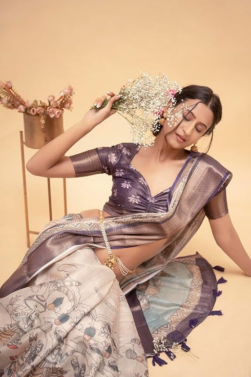 Vasthrlay Off White1 Abstract Print Polyester Saree With Antique Zari Border And Unstitched Blouse Piece