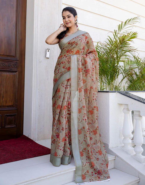 Vasthrlay Womens Printed Unstitched White Saree