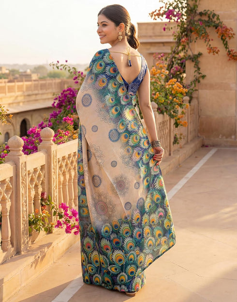 Vasthrlay Womens Printed Peach | Multi Saree With Unstitched Blouse Piece