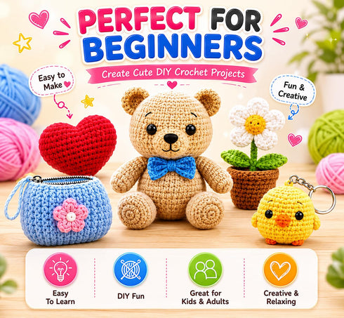 Crochet Kit for Beginners with Yarn, Hooks, Stitch Markers