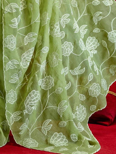 Vasthrlay Shimmer Embroidery Lime Saree
