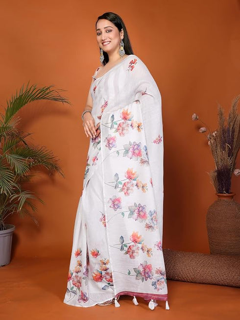 Vasthrlay White1 Linen Floral | Striped | Check Design Printed Saree With Solid Unstitched Linen Blouse Piece