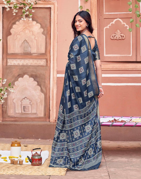 Vasthrlay Womens Printed Unstitched Navy Blue Saree