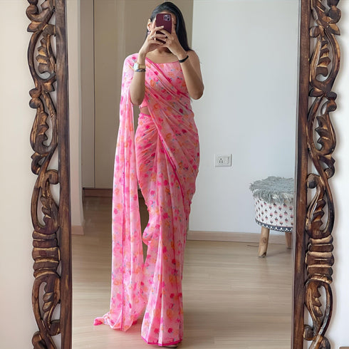 Vasthrlay Pink Georgette Unstitched Saree