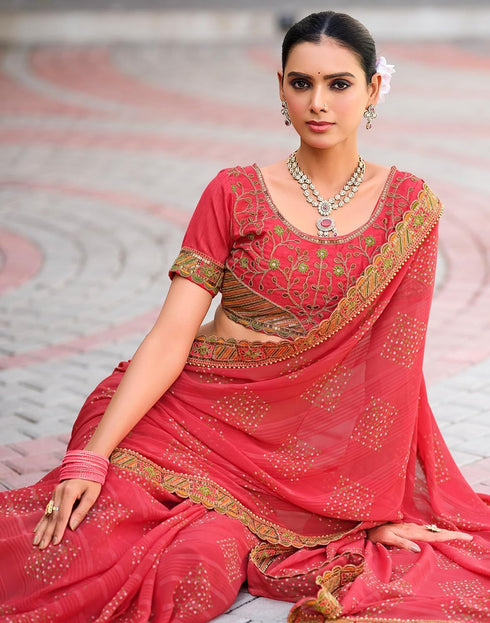 Vasthrlay Georgette Embroidery Unstitched Red Saree